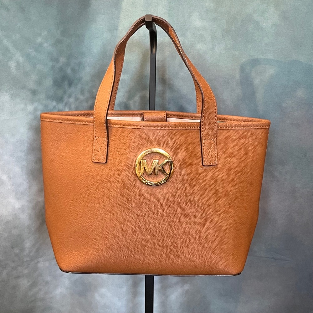 Michael Kors Tan Saffiano‎ Leather Small Tote Bag Gold MK Logo Logo Lining